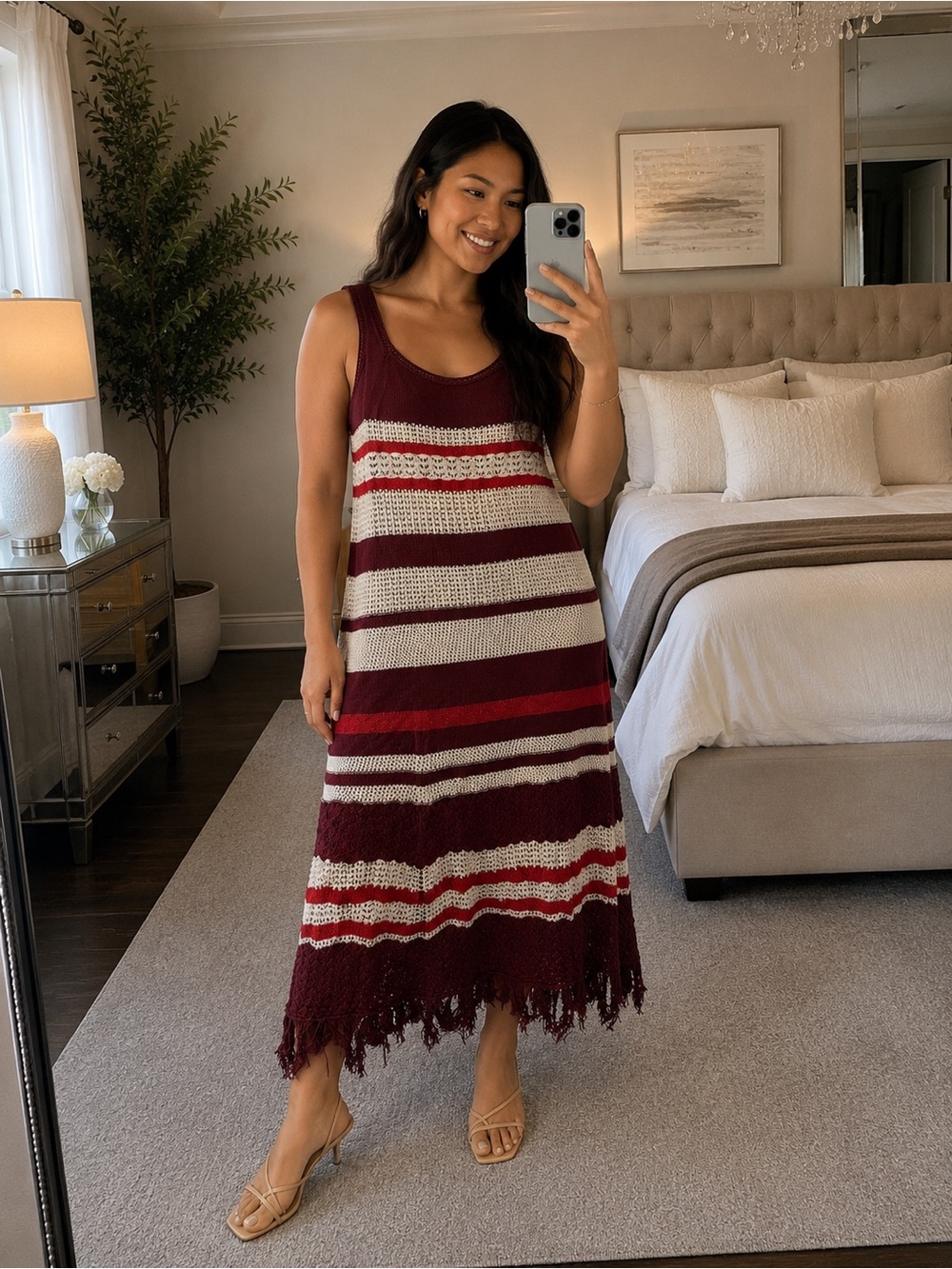 Boho FringeSleeveless Striped Knit Maxi Dress in Burgundy and Cream 2X NWT